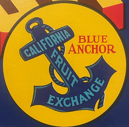 Vintage fruit crate label featuring a dark blue anchor with "California Fruit Exchange" text on yellow circular background wi