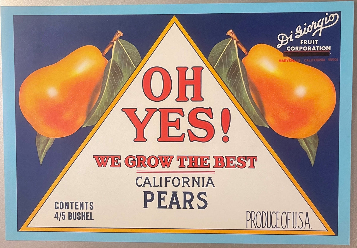 Vintage fruit crate label featuring "Oh Yes!" in red text, two golden pears with green leaves on dark blue background, Di Gio