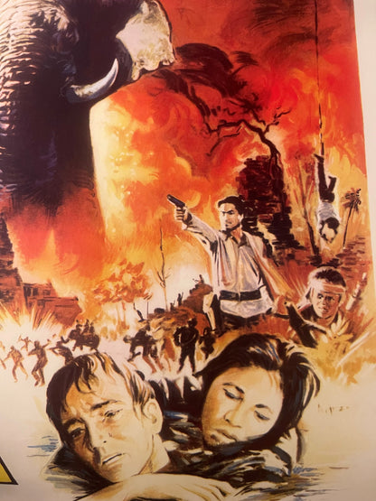 Vintage movie poster with dramatic illustration of armed man, soldiers, children's faces, elephant, and massive flames in red