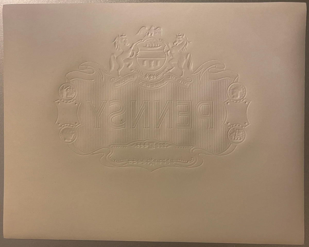 Cream-colored embossed cigar label with ornate heraldic crest, decorative horses and scrollwork, reading "PENNIED" in relief 