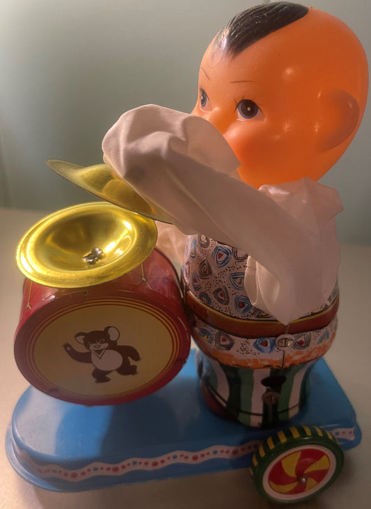 Vintage 1960s NOS Clockwork Tin Boy Drummer Wind-Up Toy 🥁 with Original Box