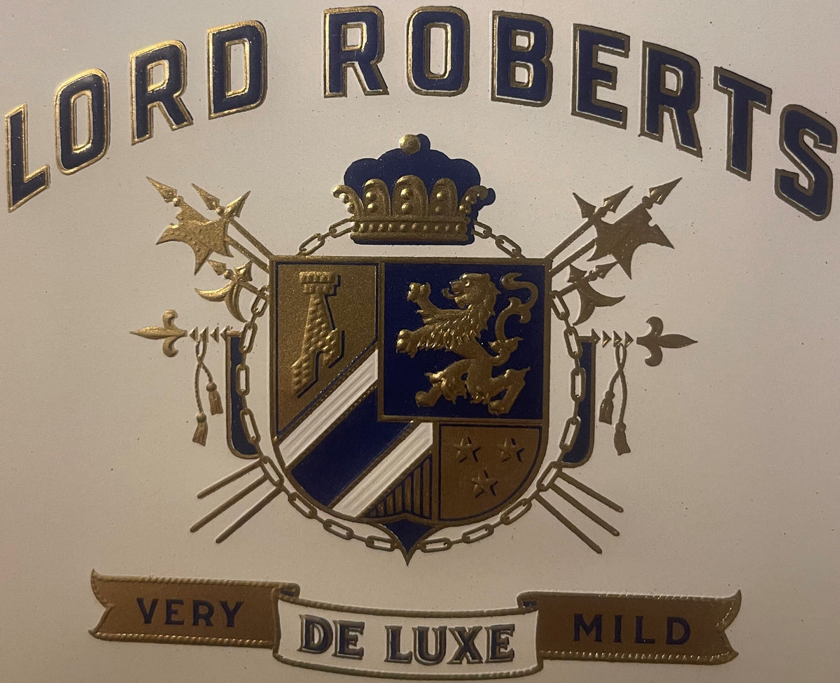 Vintage Lord Roberts cigar label with embossed gold and blue heraldic coat of arms, crown, lion, and shield, text reading "Ve
