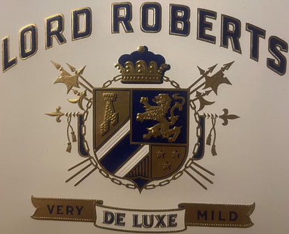 Vintage Lord Roberts cigar label with embossed gold and blue heraldic coat of arms, crown, lion, and shield, text reading "Ve