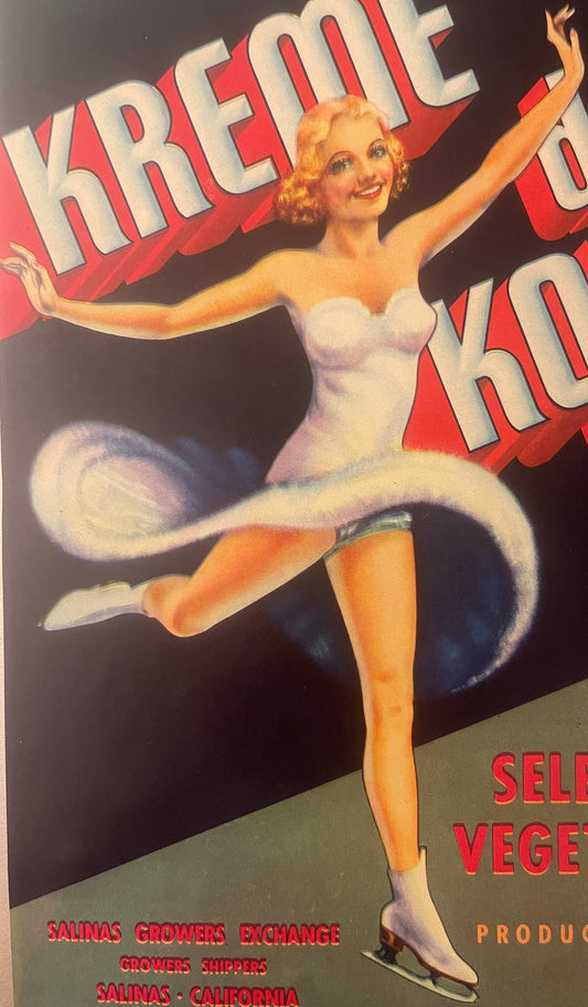 Vintage 1930s Kreme De Koke Ice Skater Vegetable Label from Salinas