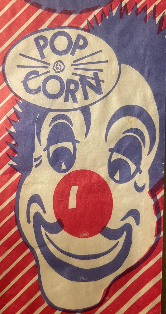 Vintage Jumbo Pop Corn Bag - Clown Face Circus Carnival Concession Sack, Mid-Century Americana Paper Ephemera, NOS Unused ✨