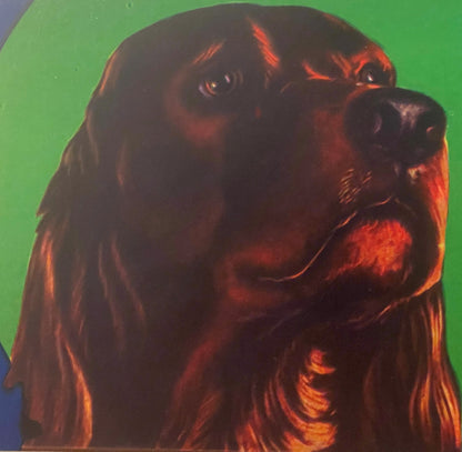 Vintage fruit crate label featuring a mahogany-colored setter dog's head against a bright green background with warm orange a