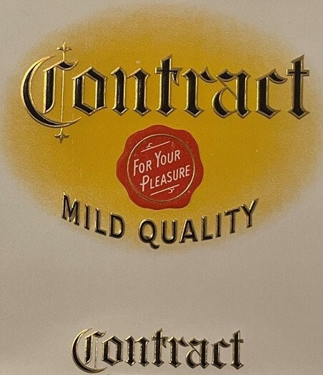 Vintage Contract cigar label with gold-embossed Gothic lettering, red wax seal, and "For Your Pleasure Mild Quality" text on 