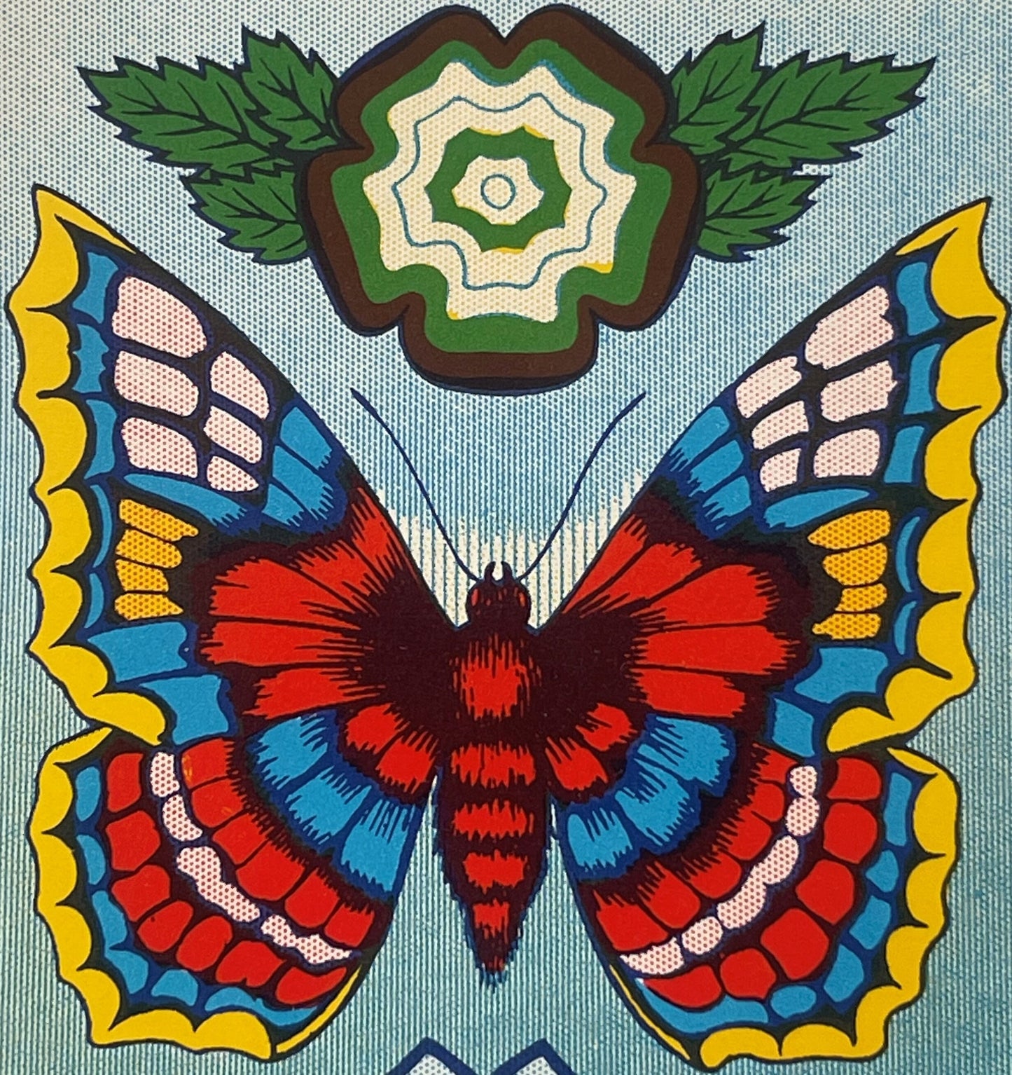 Vintage lithograph label featuring a symmetrical butterfly with red and dark body, blue and yellow-edged wings, green leafy f