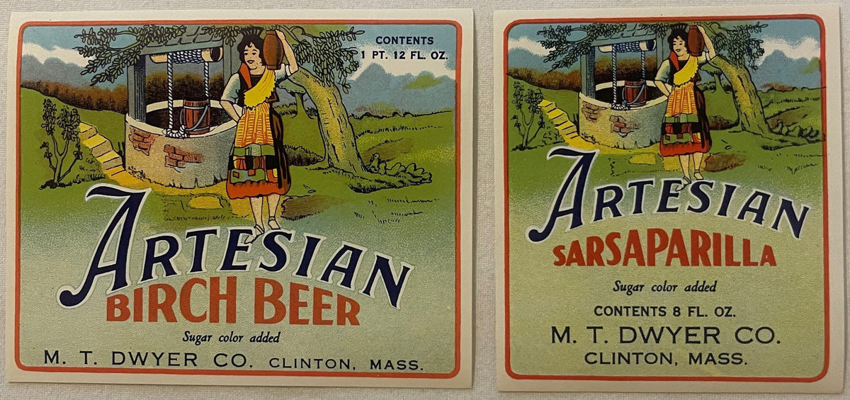 Two Artesian bottle labels by M. T. Dwyer Co., Clinton, Mass. side by side: Birch Beer (landscape) and Sarsaparilla (upright), each printed with a woman carrying a jug beside a stone well, in red-orange borders.