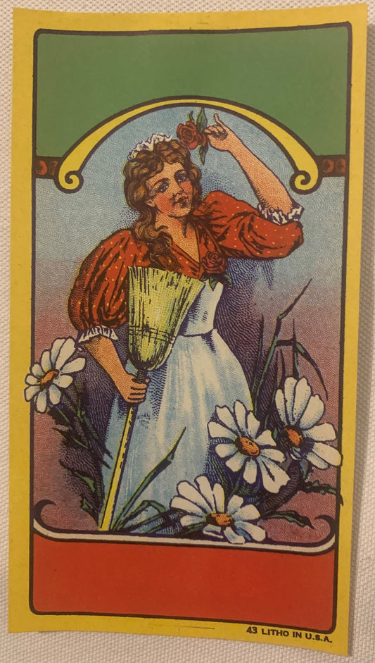 Antique Broom Label Art Nouveau Maid with Daisies Original 1910s Lithograph Blank Panel to Personalize Farmhouse Kitchen Wall Art Gift 🧹