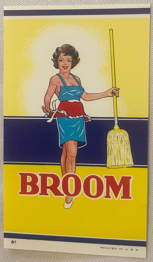 Antique Pinup Broom Label 🧹 1920s–30s Chromolithograph NOS Sexy Housewife Art Yellow & Navy American Made