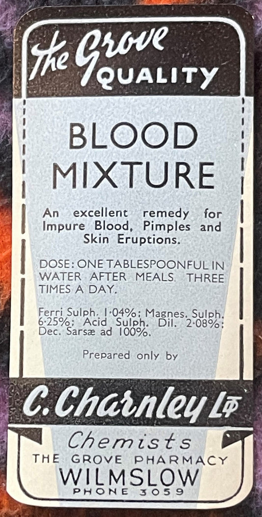Antique Blood Mixture Label 🧪 C. Charnley Ltd Grove Pharmacy Wilmslow Cheshire Rare 1920s