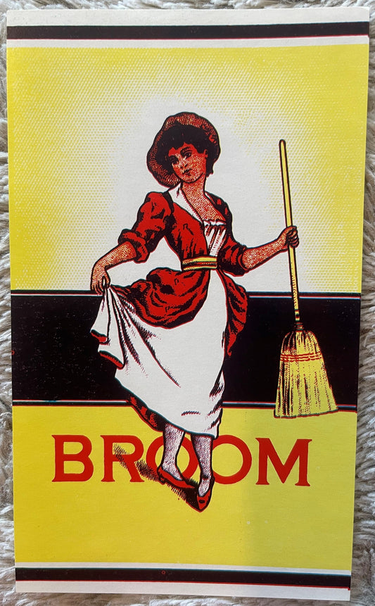Antique Broom Label NOS Early 1900s Dancing Lady Kitchen Advertising Lithograph New Old Stock 4.5 x 3.5 Inches 🧹