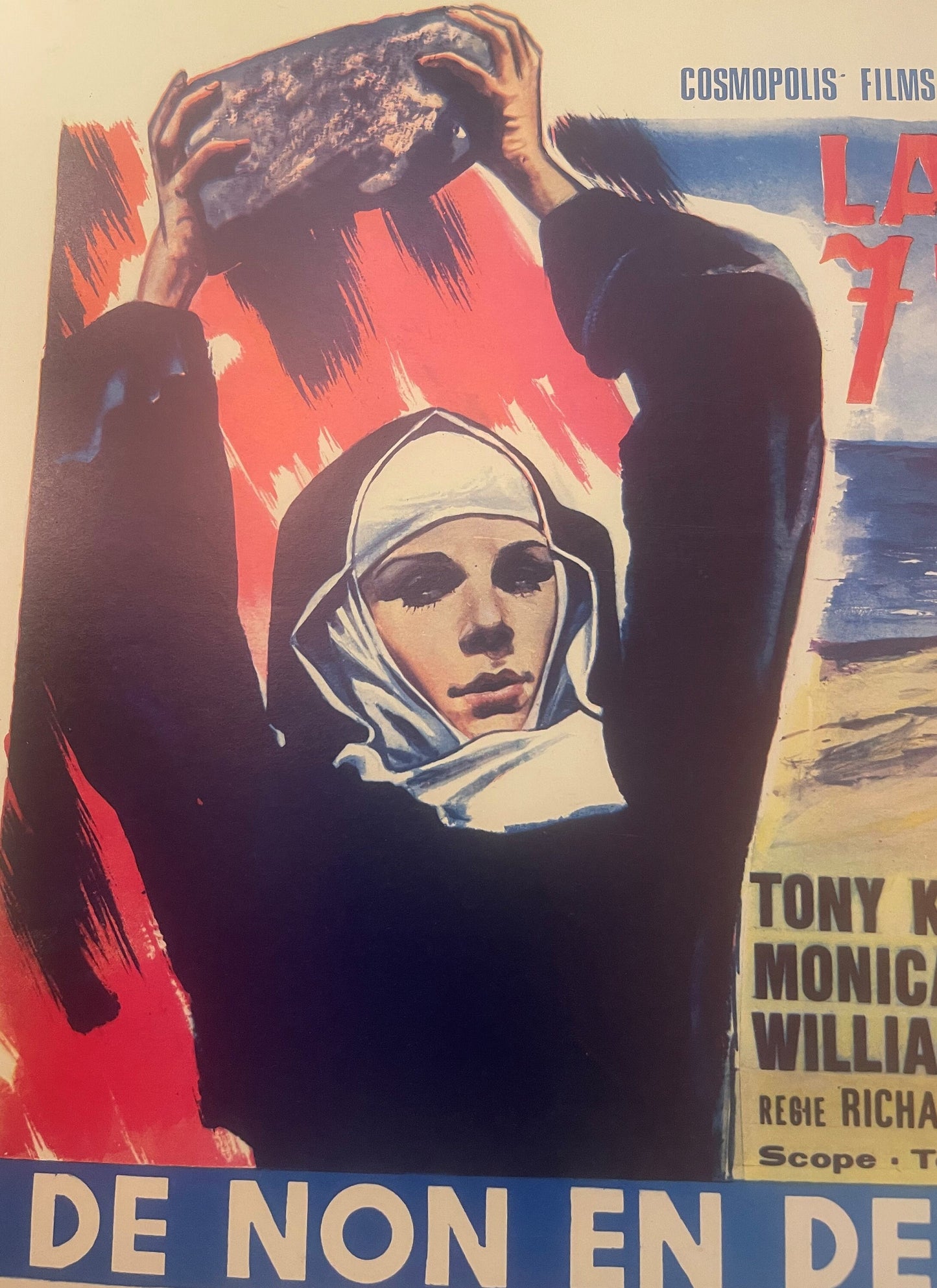 Vintage movie poster with woman's face in white headscarf, silhouetted figures above, red brushstrokes, blue text "DE NON EN 
