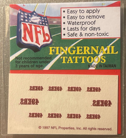 Vintage 1997 NFL fingernail tattoos package with San Francisco 49ers logo and red/white/blue design, showing product features