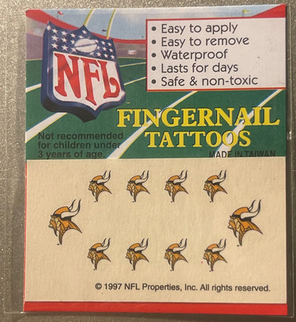 Sealed package of 1997 NFL Minnesota Vikings fingernail tattoos featuring purple Viking logo designs arranged in grid pattern