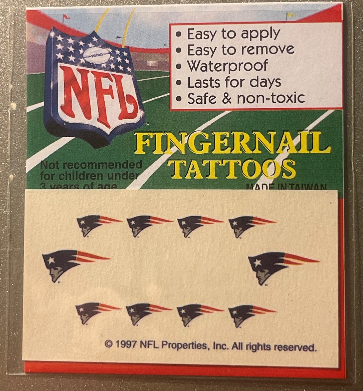 1997 NFL New England Patriots fingernail tattoos package with patriot logo designs and product features listed on cream and g