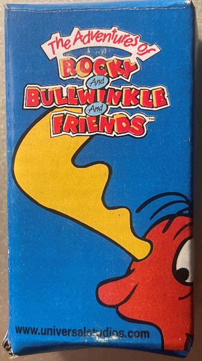 Boxed vintage Rocky and Bullwinkle fan pull chain set showing blue packaging with red cartoon moose character's head visible 