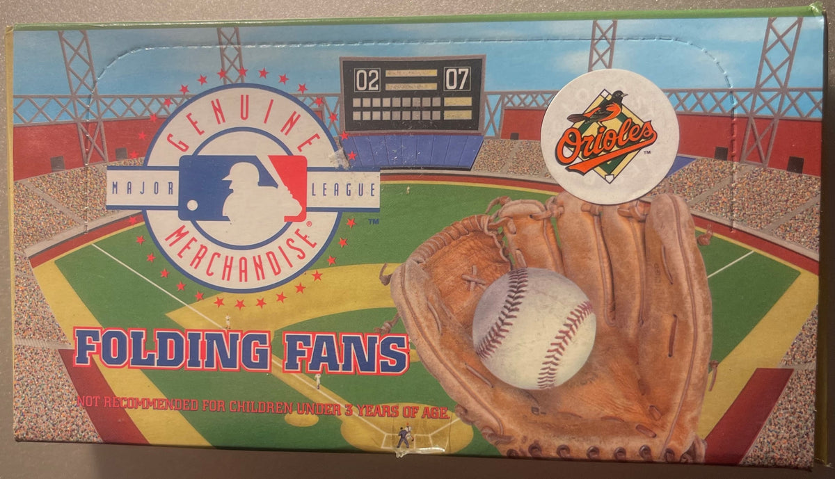 Vintage 1998 Baltimore Orioles folding fan displayed flat showing baseball glove with ball, MLB logo, scoreboard reading 02-07, and Orioles team emblem in upper right corner.