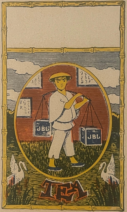 Vintage tea label with figure in cap holding scales balancing JBL boxes, text and clouds visible, gold border frame
