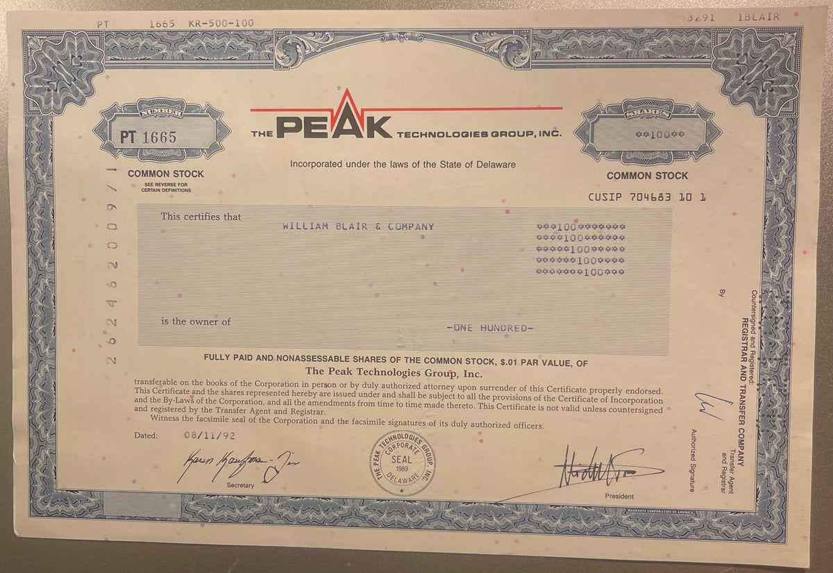 Vintage Peak Technologies Group Inc. stock certificate for 100 shares, with ornate bor
