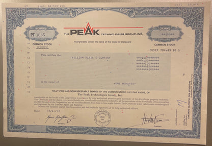 Vintage Peak Technologies Group Inc. stock certificate for 100 shares, with ornate bor