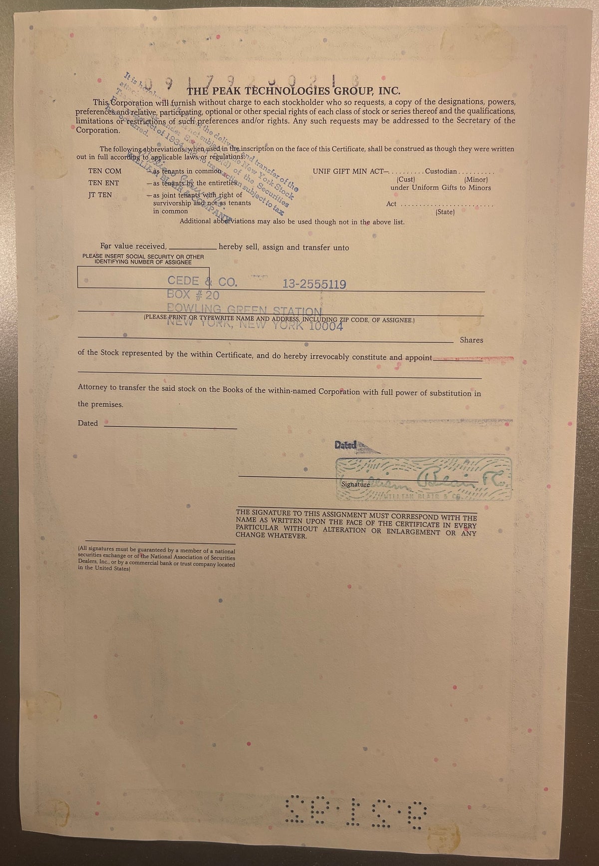 Vintage stock certificate from Peak Technologies Group, Inc. showing assignee details, signature line, and dot-com era compan
