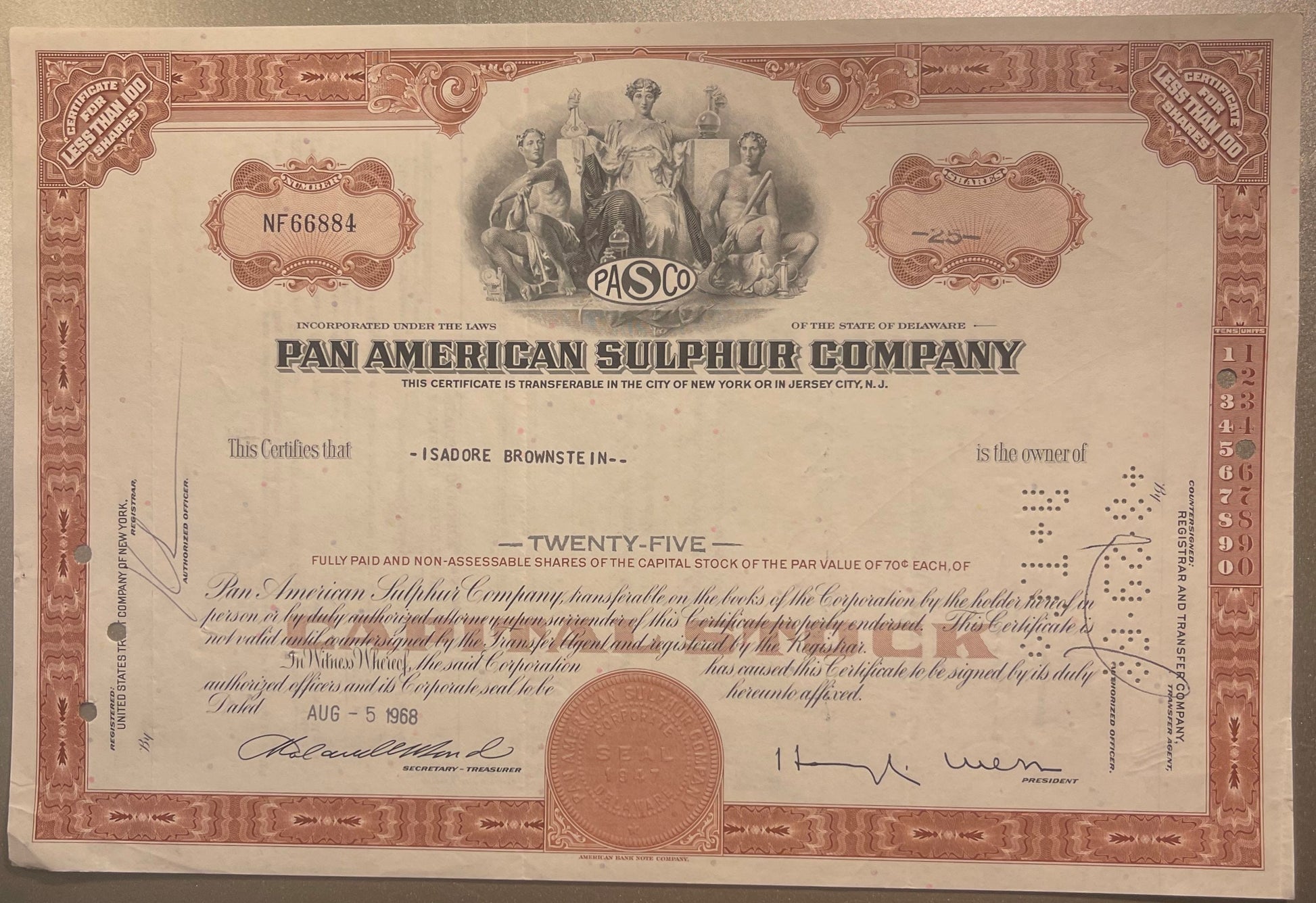 Vintage Pan American Sulphur Company stock certificate for 25 shares, printed in brown and