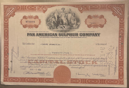 Vintage Pan American Sulphur Company stock certificate for 25 shares, printed in brown and