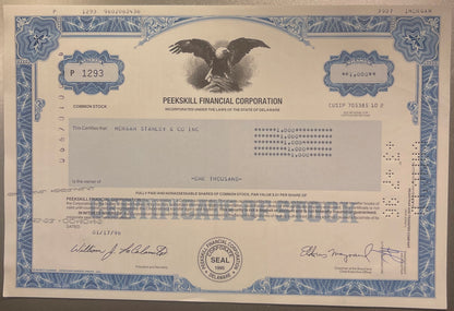 Peekskill Financial Corporation stock certificate for 1,000 shares, featuring eagle wa