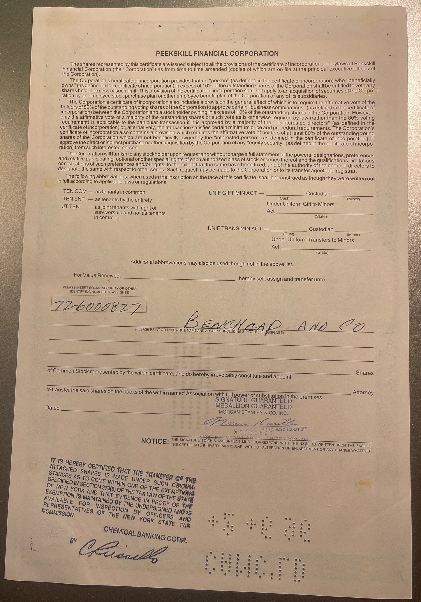 Aged Peekskill Financial Corporation stock certificate with handwritten assignee name "Benchar and Co" and social security nu