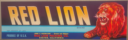 Vintage Red Lion Brand crate label with gold text, roaring red lion illustration, and blue bands listing Exeter, California p