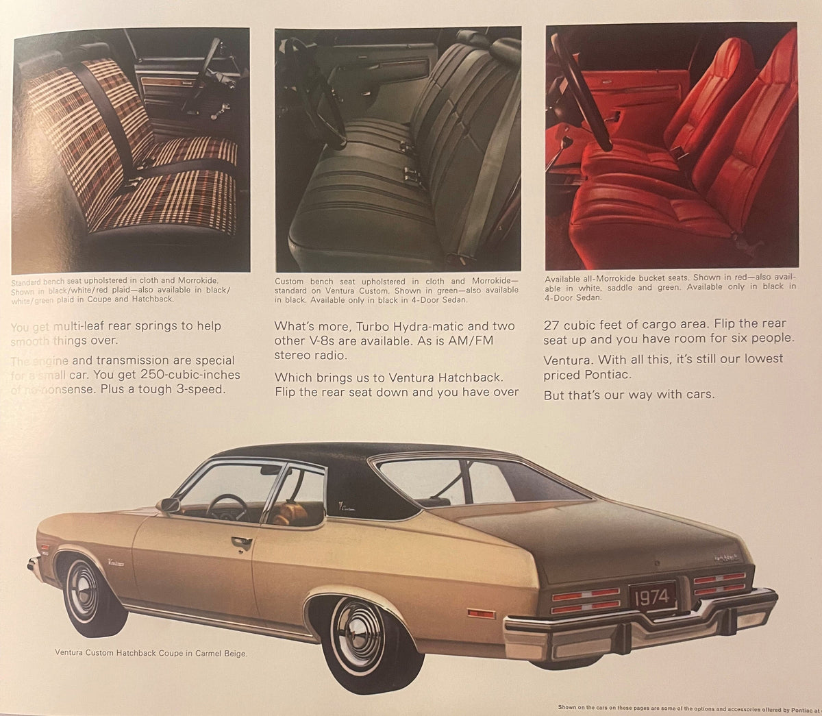 1974 Pontiac Ventura brochure page showing three seat upholstery options and a tan hatchback coupe with specifications