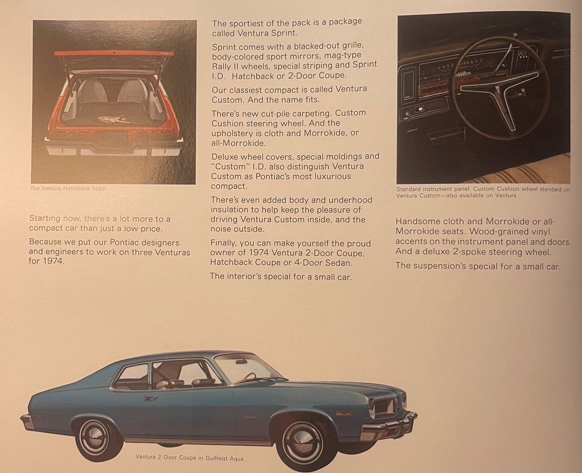 1974 Pontiac Ventura dealer brochure pages showing hatchback interior, instrument panel, and blue 2-door coupe