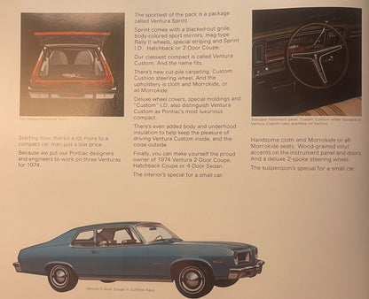 1974 Pontiac Ventura dealer brochure pages showing hatchback interior, instrument panel, and blue 2-door coupe