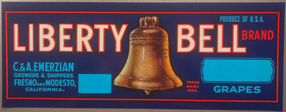 Vintage Liberty Bell Brand grape crate label featuring a bronze bell image, red and turquoise text on dark blue background, C