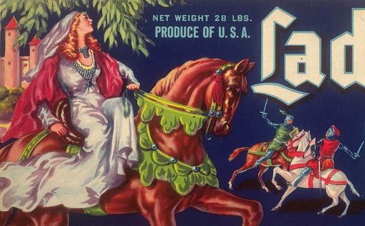 Antique Vintage Lady Rowena Crate Label 🍎 Ivanhoe, CA 1950s Knights Duel Medieval