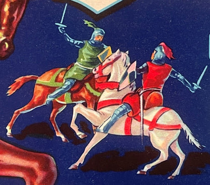 Vintage crate label illustration showing two knights on horseback dueling with swords against a dark blue background with red
