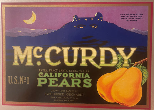 Antique McCurdy Brand Pears Crate Label 🔭 — 1920s-30s Sweetbrier Orchards San Jose California, Lick Observatory Night Art