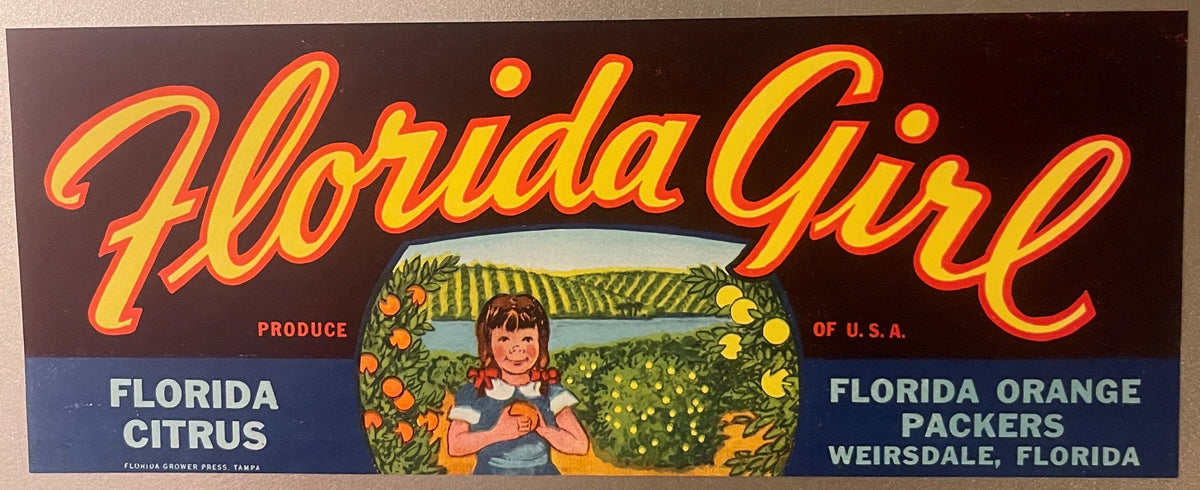 Vintage Florida Girl citrus crate label with red and yellow text, featuring a smiling girl holding oranges surrounded by frui