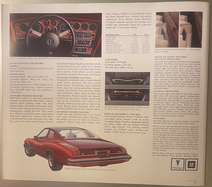 Vintage Pontiac Grand Am dealer brochure pages showing red sedan, instrument panel, specifications, and safety features with 
