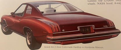 1974 Pontiac Grand Am 2-Door Colonnade Hardtop in Honduras Maroon, side profile illustration with specifications text