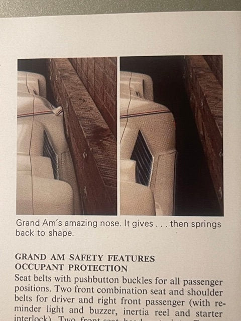 Two side-by-side photos of a tan car's nose/front end showing safety feature, with printed text below describing Grand Am saf