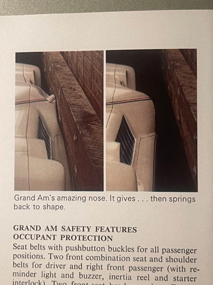 Two side-by-side photos of a tan car's nose/front end showing safety feature, with printed text below describing Grand Am saf