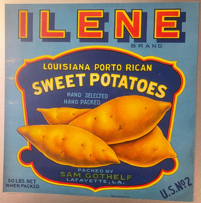 Vintage Ilene Brand sweet potato crate label with three orange yams on dark blue shield, yellow and red text, light blue back