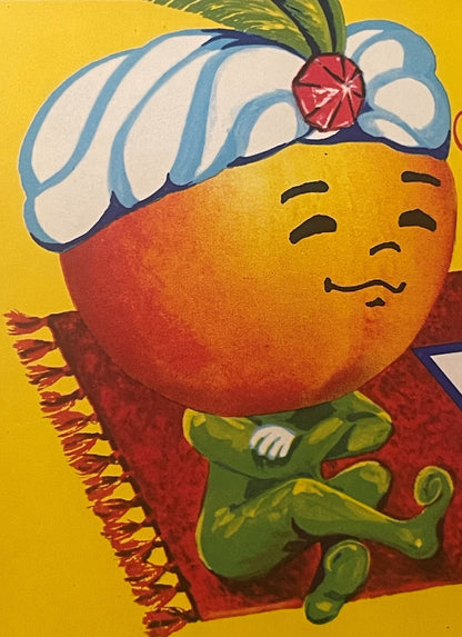 Vintage peach crate label featuring a smiling genie character with orange face on a blue and white magic carpet against yello