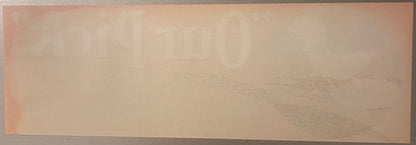 Our Pick crate label, reverse: the blank back of the label in peach and cream stock, with the Our Pick lettering from the front showing through the paper in mirror image