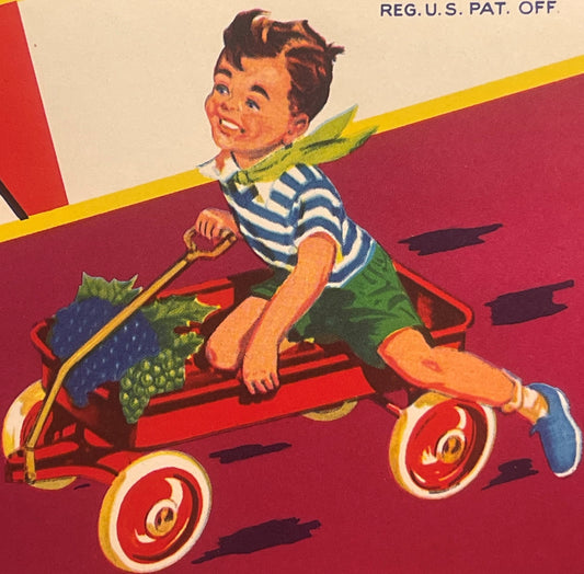 Vintage Red Wagon Fruit Crate Label 🍇 Reedley California Grape Lug Label, 1950s Royal Valley Fruit Growers