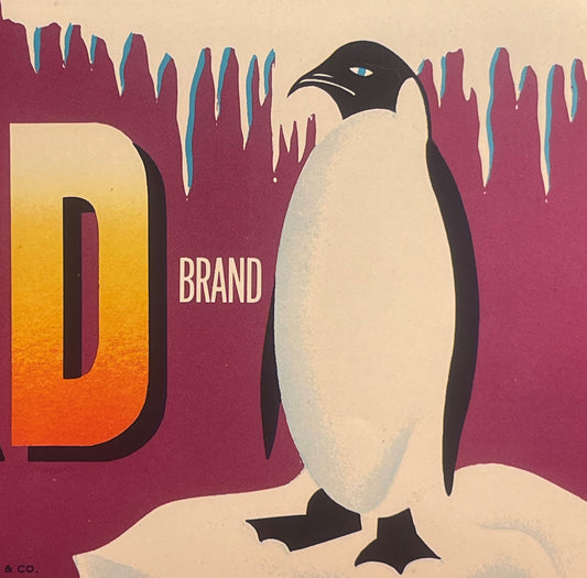 Vintage Polar Bird Brand Penguin Lithograph Crate Label Royal Valley Fruit Growers Reedley California A. Carlisle Co. American Made 🍎