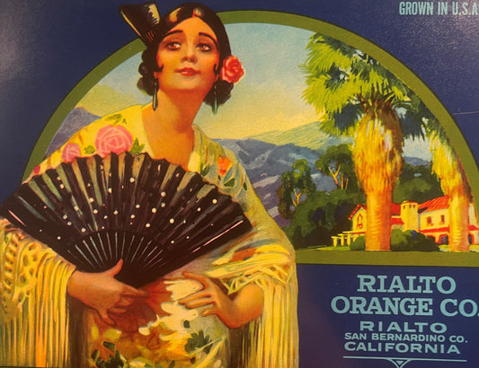 Vintage La Reina Orange Crate Label Rialto Orange Co San Bernardino California Spanish Señorita Fan Color Lithograph Western Litho American 🍎